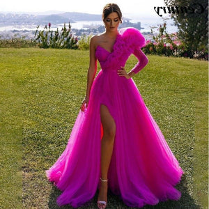 Ruffles Formal One Shoulder Tull High Slit Ball Gown Guest Dress