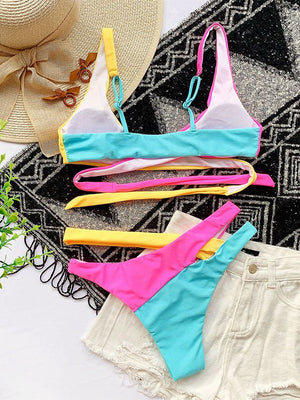 Multiway Rainbow Colorblock Criss Cross Lace Up Wrap Tie Bikini