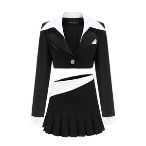 Preppy Contrast Collared Single Breasted Cropped Blazer And Pleated Mini Skirt