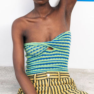 Rainbow Stripes Crinkle Smocked Cut Out Twisted Strapless Top Longline Bandeau