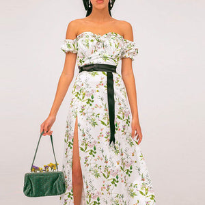 Vintage Floral Afternoon Tea Garden Off Shoulder High Slit Cottage Core Dress