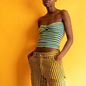 Rainbow Stripes Crinkle Smocked Cut Out Twisted Strapless Top Longline Bandeau