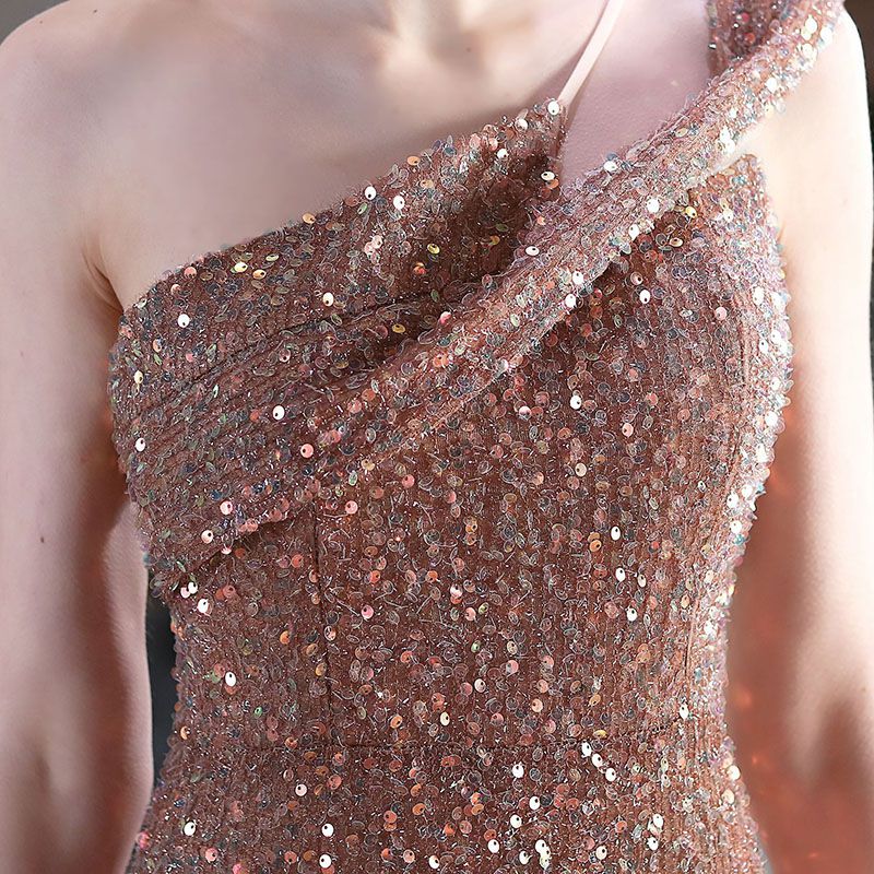 Glitter Sequin One Shoulder Sling Mermaid Prom Split Maxi Dress Bridemaid Gowns