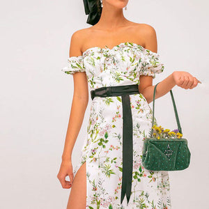 Vintage Floral Afternoon Tea Garden Off Shoulder High Slit Cottage Core Dress