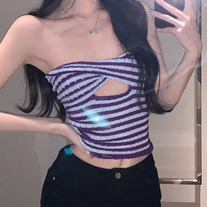 Rainbow Stripes Crinkle Smocked Cut Out Twisted Strapless Top Longline Bandeau