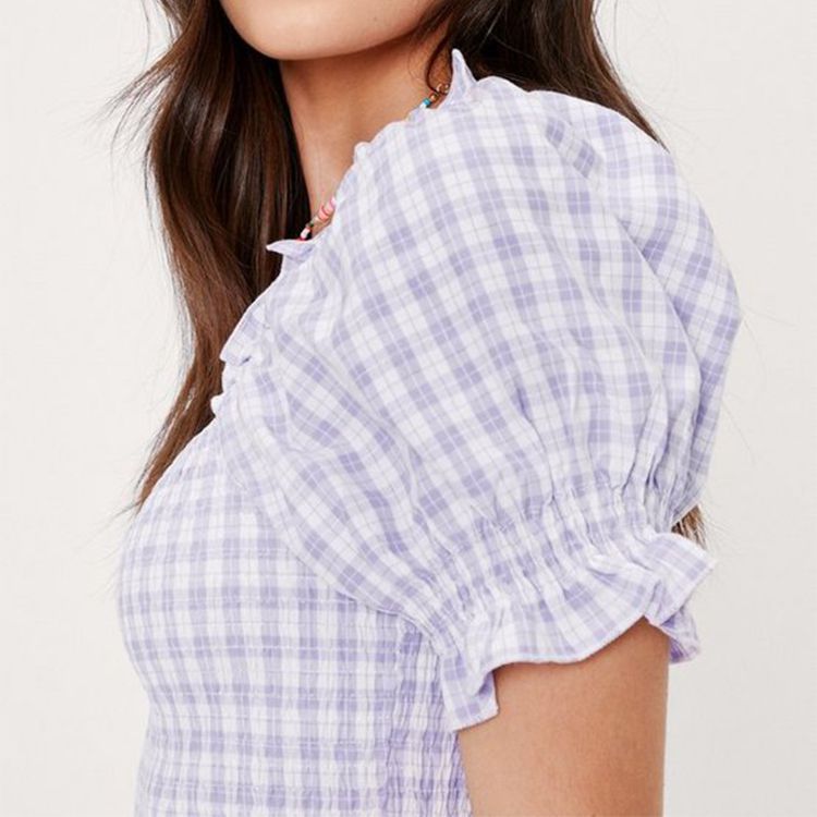 Gingham Checked Ruffle Hem Shirred Crop Top Blouse