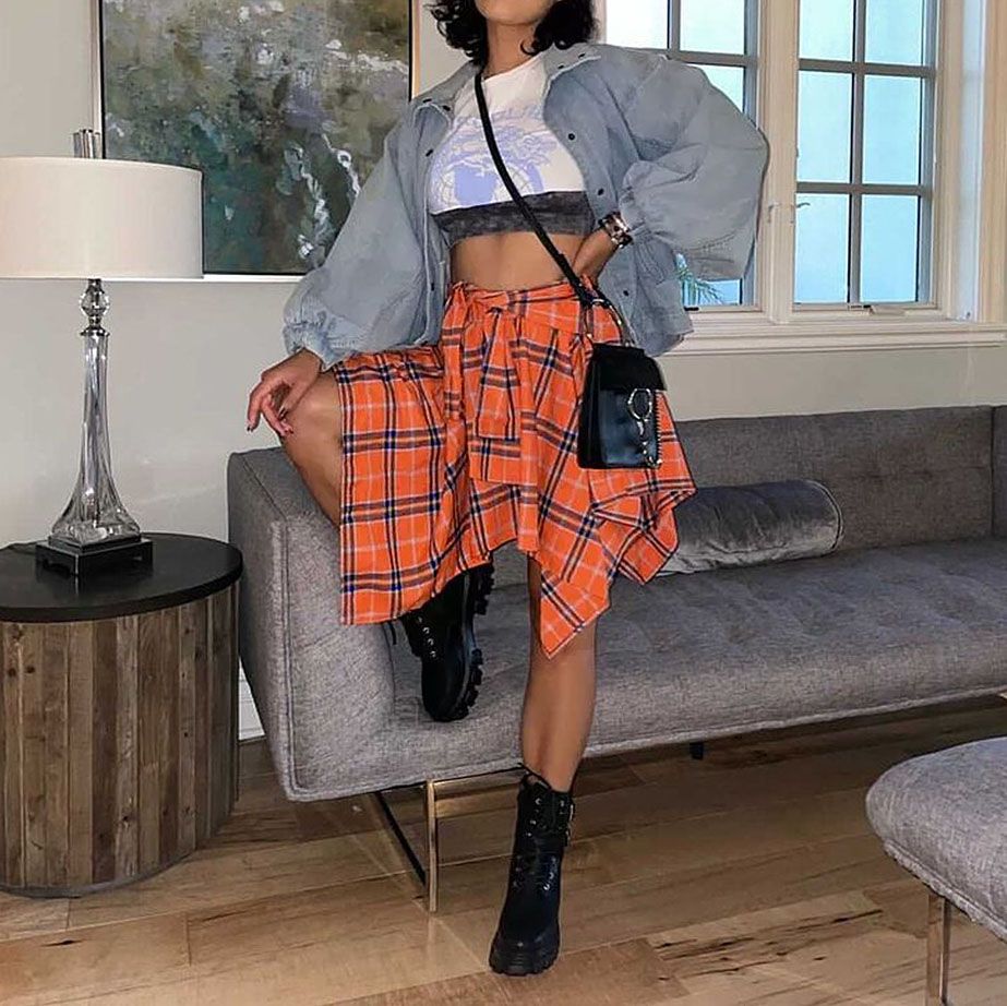 Color Block Check Swing Irregular Midi Skirt For College Outfit