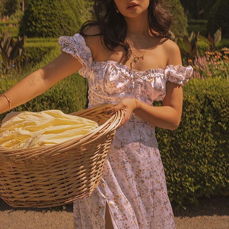 Vintage Floral Afternoon Tea Garden Off Shoulder High Slit Cottage Core Dress