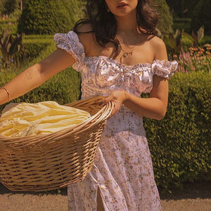 Vintage Floral Afternoon Tea Garden Off Shoulder High Slit Cottage Core Dress