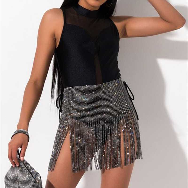 Hippie Sparkle Studded High Waisted Lace Up Tassel Fringe Skirt