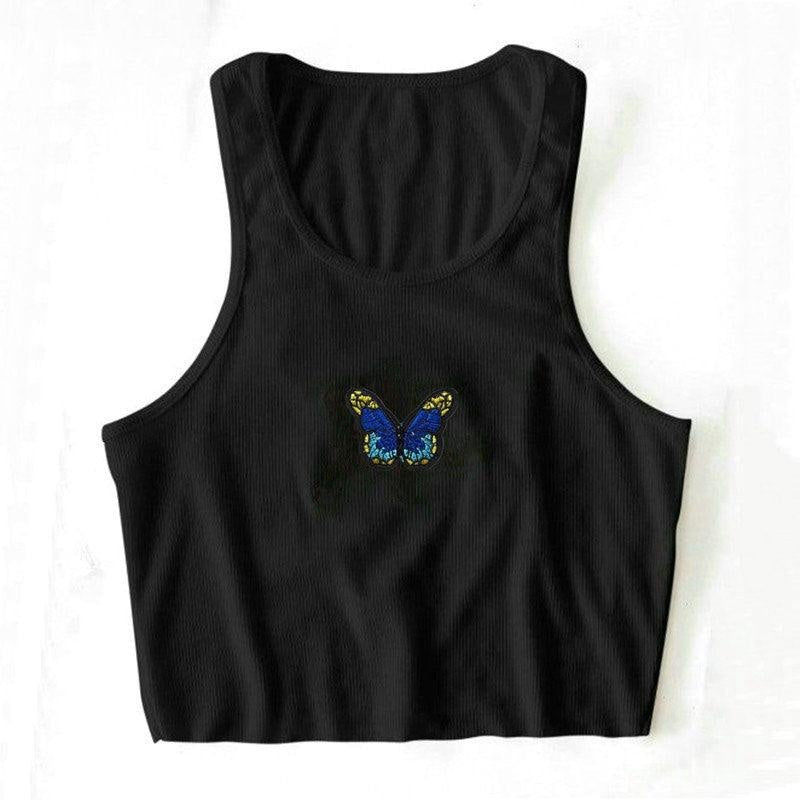 Colorful Butterfly Embroidered Ribbed Cotton Tank Top Crop Top
