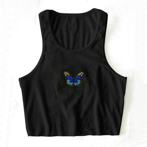 Colorful Butterfly Embroidered Ribbed Cotton Tank Top Crop Top