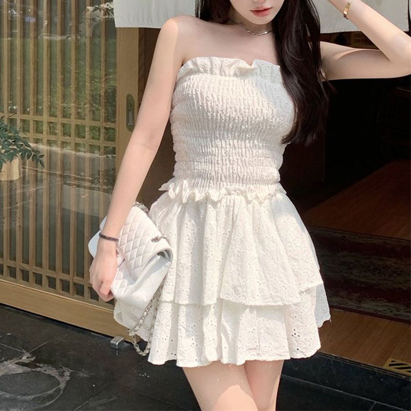 Tie Waist Smocked Pompom Trimed Layered Strapless Romper Shorts Bandeau Playsuits