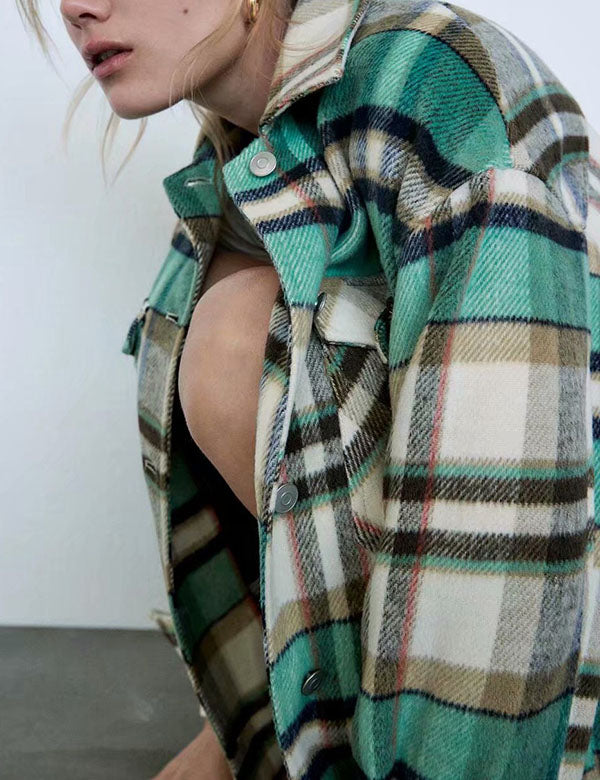 Classic Thick Colorblock Checked Button Down Shirt Jacket Woolen