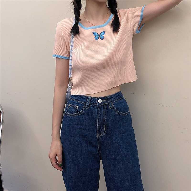 Colorful Butterfly Embroidered Ribbed Cotton Tank Top Crop Top