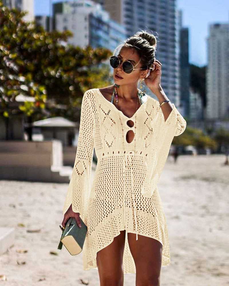 crochet beach dress with sleeves Lemon Long Sleeve Crochet Beach Dress