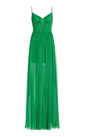 Slip Spaghettie Deep V Neck Cut Out Bustier Pleated Floor Length Gown Dress