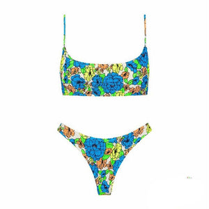 Stretchy Retro Floral Printed Shirred Ruched Crop Top Swimsuit Wear
