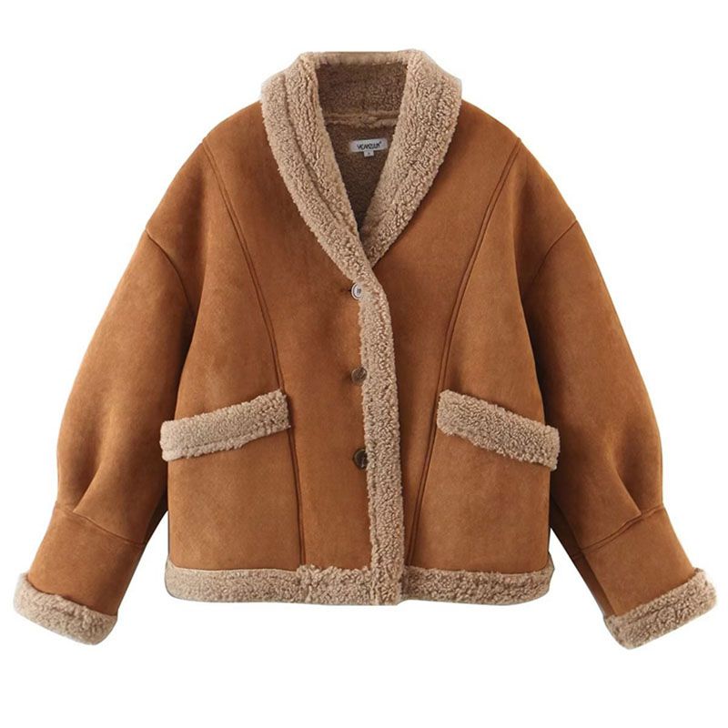 Tan Faux Lambskin Suede Double Faced Faux Fur Shearling Jacket