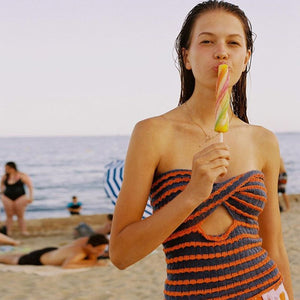 Rainbow Stripes Crinkle Smocked Cut Out Twisted Strapless Top Longline Bandeau