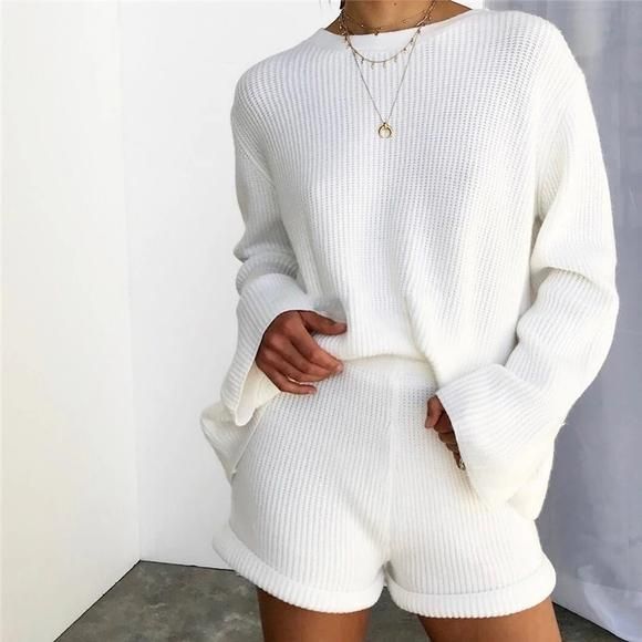 Matching Knitted Two Piece Top and Shorts Co ord Set