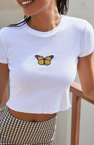 Colorful Butterfly Embroidered Ribbed Cotton Tank Top Crop Top