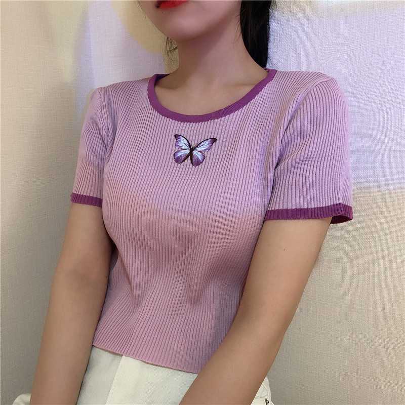 Colorful Butterfly Embroidered Ribbed Cotton Tank Top Crop Top