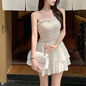 Tie Waist Smocked Pompom Trimed Layered Strapless Romper Shorts Bandeau Playsuits