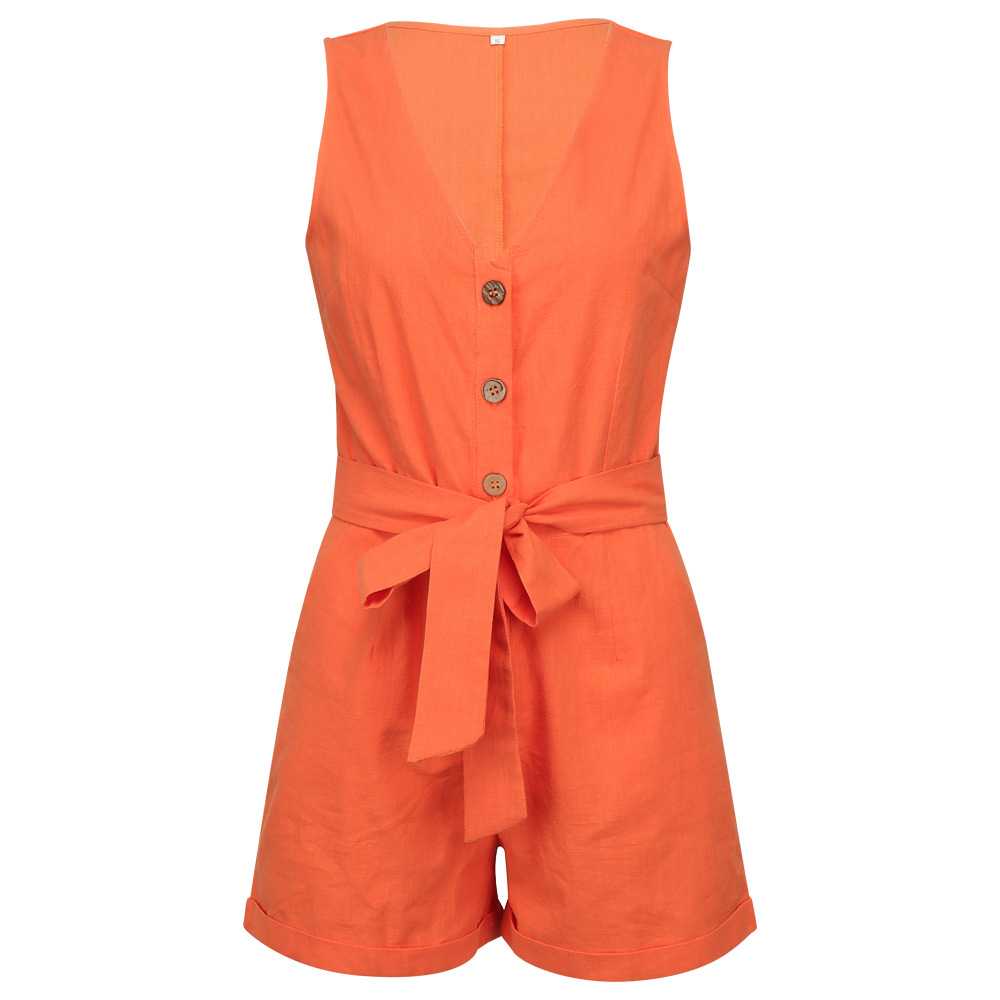 V Neck Button Up Jumpsuit Romper Shorts For Big Thighs