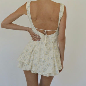 Pleated Skirt Underneath Retro Floral Iris Button Mini Dress