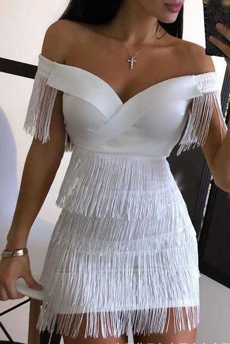 chinese dress ladies Fabulous White Layered Tassel Fringe Dress Off Shoulders – sunifty