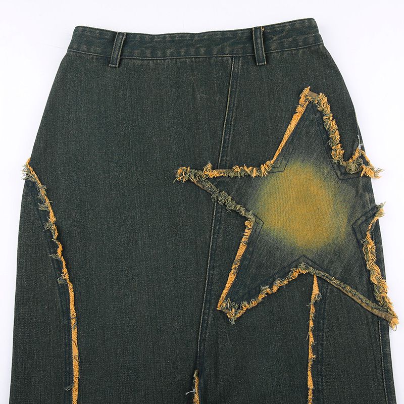 Retro Stars Ripped Distressed Front Slit Long Denim Flare Skirt