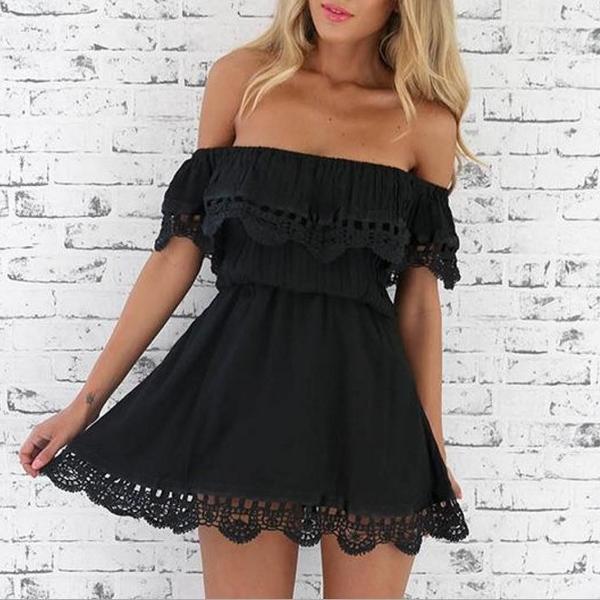 Lace Trimed Off The Shoulder White Mini-Dress Flowy