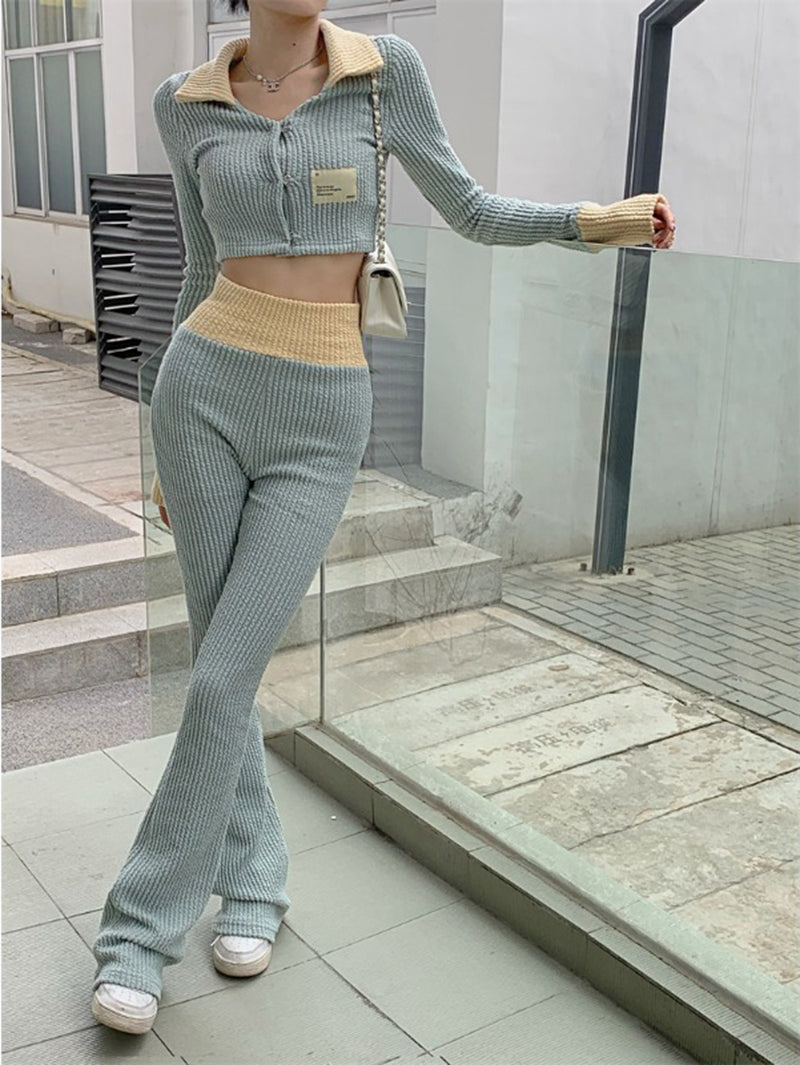 Color Block Ribbed Cropped Cardigan And Striped Lounge Pants Set