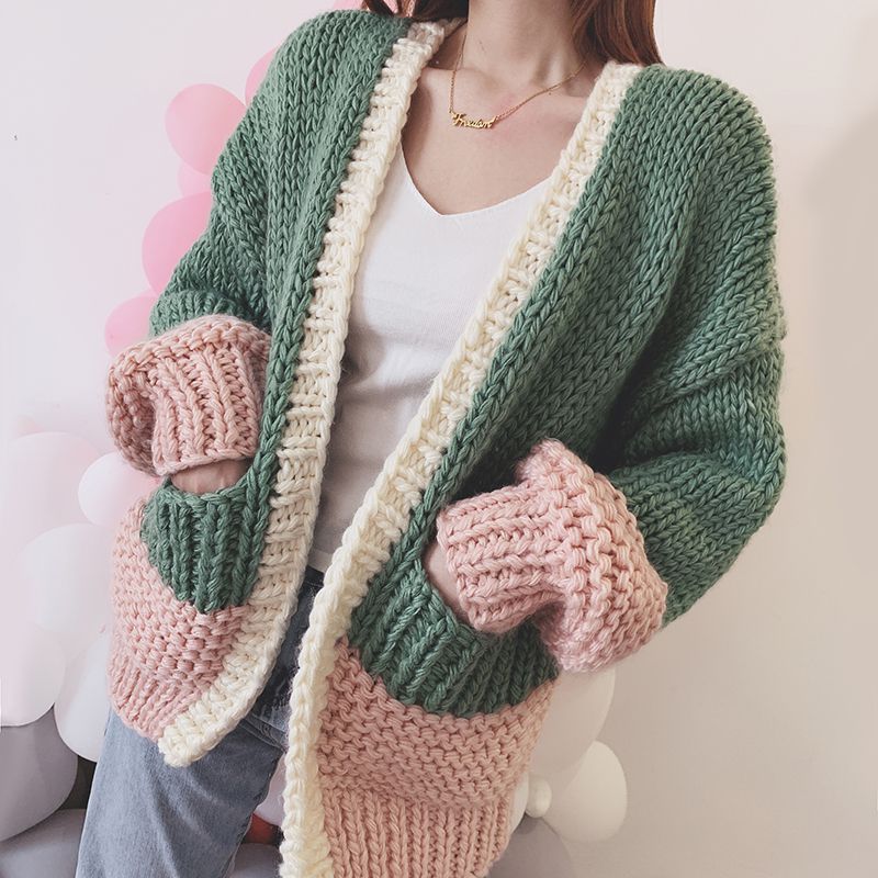 Color Block Contrast Duo Stitch Chunky Cable Knit Heavy Cardigan Sweater