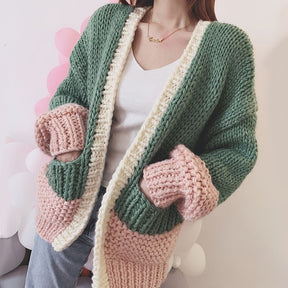 Color Block Contrast Duo Stitch Chunky Cable Knit Heavy Cardigan Sweater
