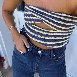 Rainbow Stripes Crinkle Smocked Cut Out Twisted Strapless Top Longline Bandeau