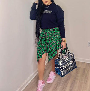 Color Block Check Swing Irregular Midi Skirt For College Outfit