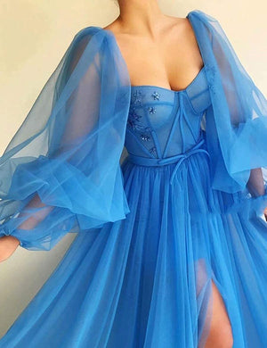 Embroidered Corset Puffy Sleeve Mesh Tulle Ball Gown Thigh Split Bridesmaid Dress