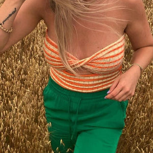 Rainbow Stripes Crinkle Smocked Cut Out Twisted Strapless Top Longline Bandeau