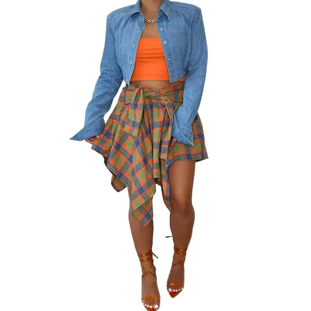 Color Block Check Swing Irregular Midi Skirt For College Outfit