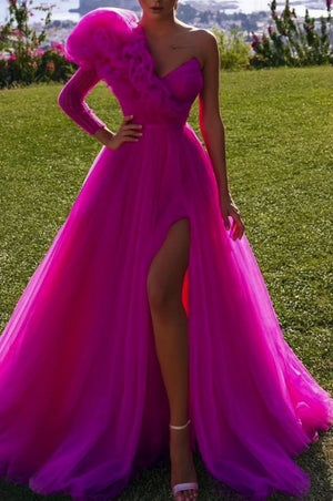Ruffles Formal One Shoulder Tull High Slit Ball Gown Guest Dress
