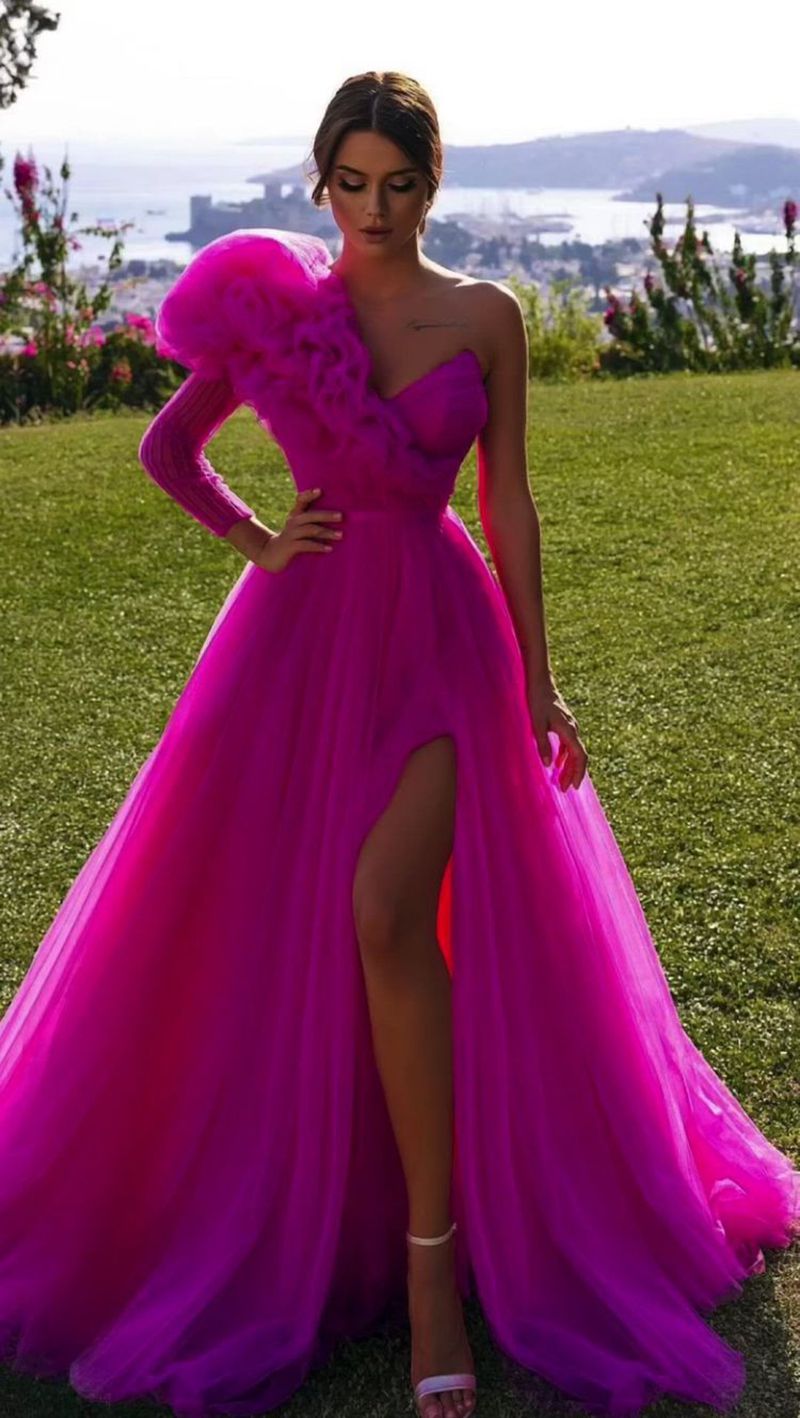 Ruffles Formal One Shoulder Tull High Slit Ball Gown Guest Dress
