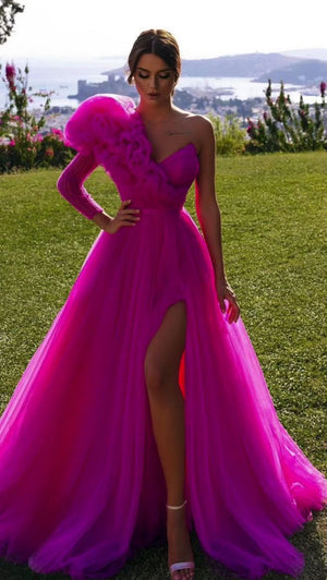 Ruffles Formal One Shoulder Tull High Slit Ball Gown Guest Dress