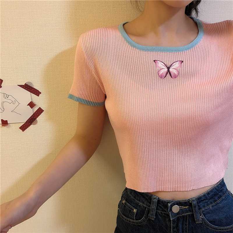 Colorful Butterfly Embroidered Ribbed Cotton Tank Top Crop Top