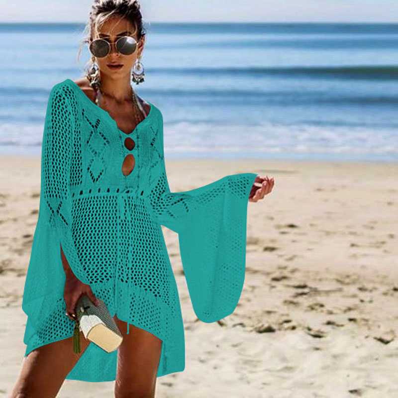Boho High Low Puff Sleeve Crochet Beach Dress Swim Cover Ups