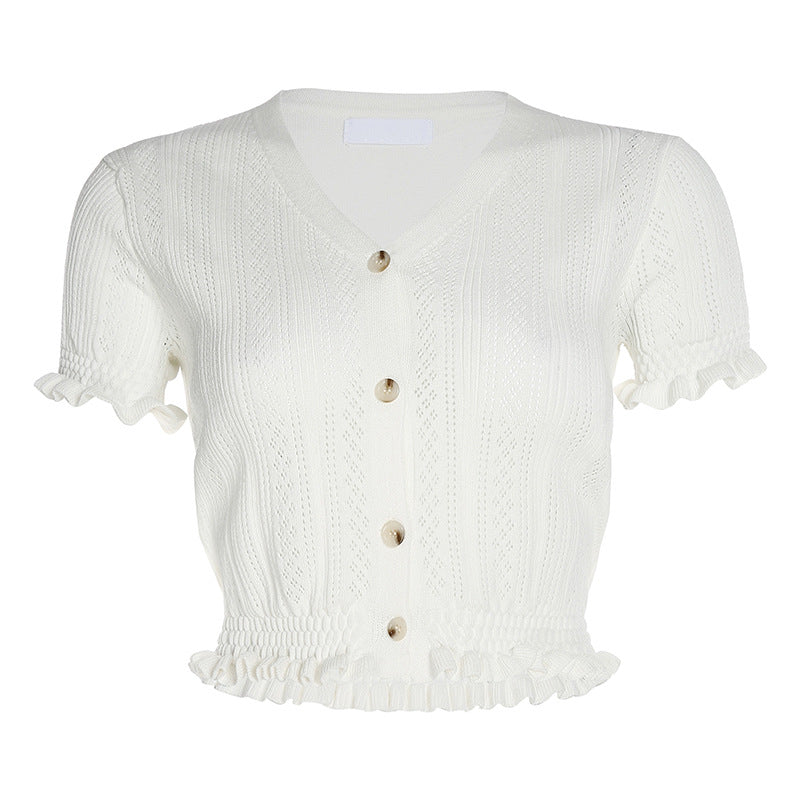 Cotton Braided Ruffle Hem V Neck Button Up knitted Crop Tops