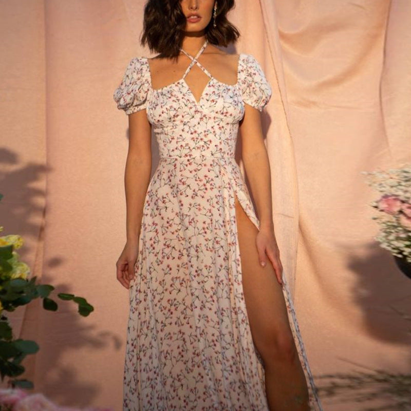 Boho Flower Garden Floral PUFF SLEEVE Square Neck Side Thigh Split Midi Dress