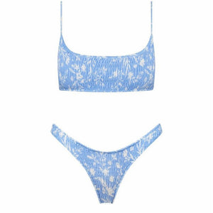 Stretchy Retro Floral Printed Shirred Ruched Crop Top Swimsuit Wear