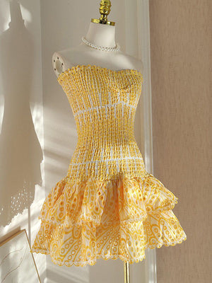 Eyelet Broderie Anglaise Shirred Bandeau Layered Ruffle Short Dress